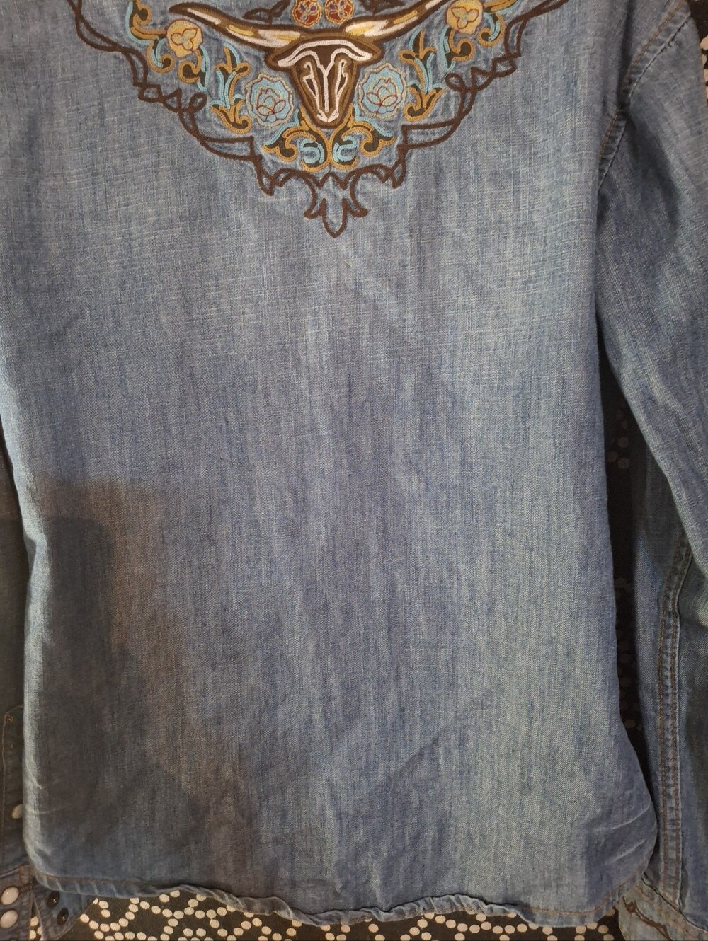 Embroidered Denim Button-Up Shirt with Longhorn Motif